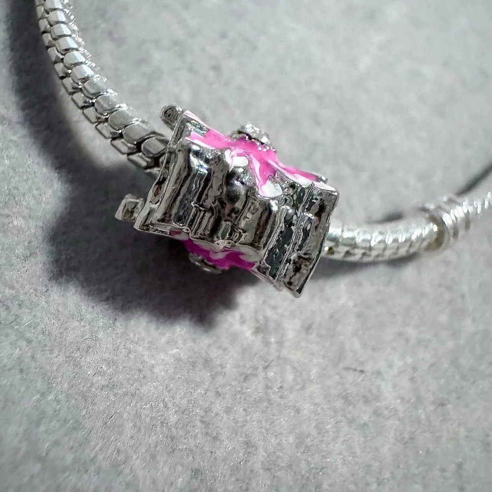 Pink White Enamel Flower Bead Charm fits‎ PANDORA